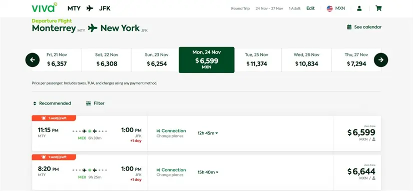 imagen recuadro Cotización de vuelo de Monterrey a Nueva York. Foto: Captura de pantalla