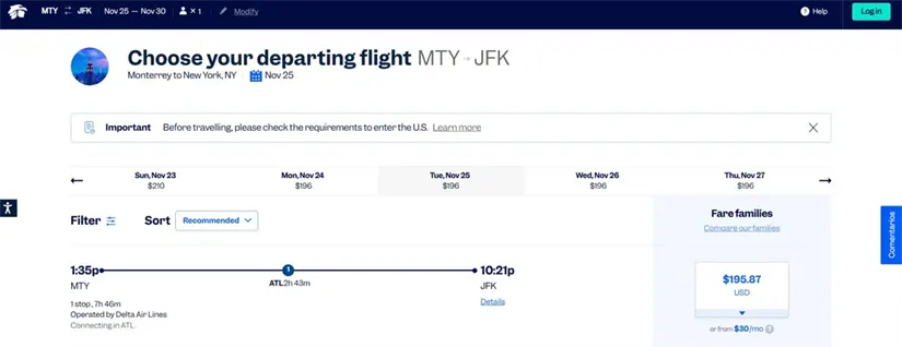 imagen recuadro Precios de vuelos de Monterrey a Nueva York. Foto: Captura de pantalla