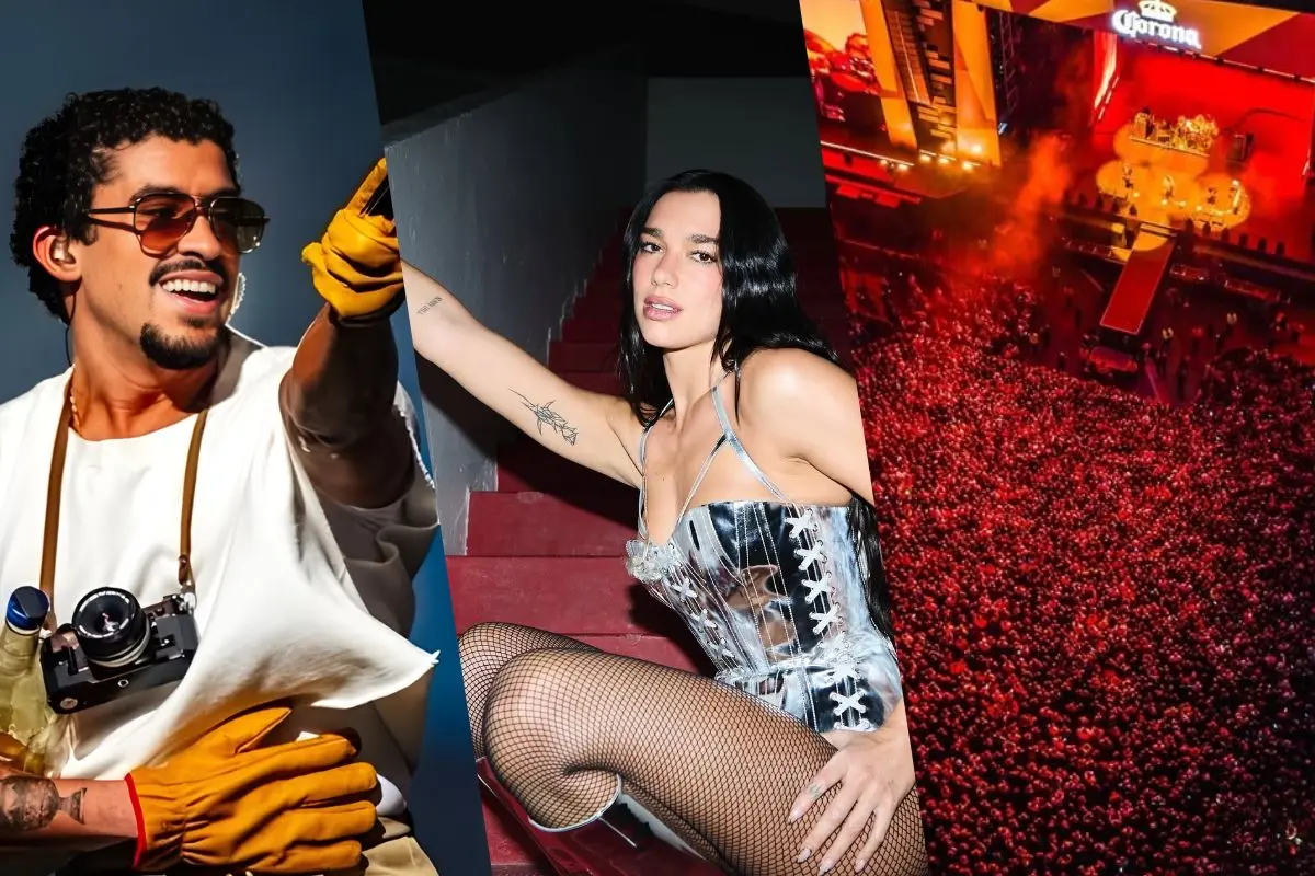 Bad Bunny, Dua Lipa y el Corona Capital serán las grandes eventos para los fanáticos de los conciertos a finales de 2025. FOTO: CANVA/IG: @dualipa, @benoposts y @coronacapital