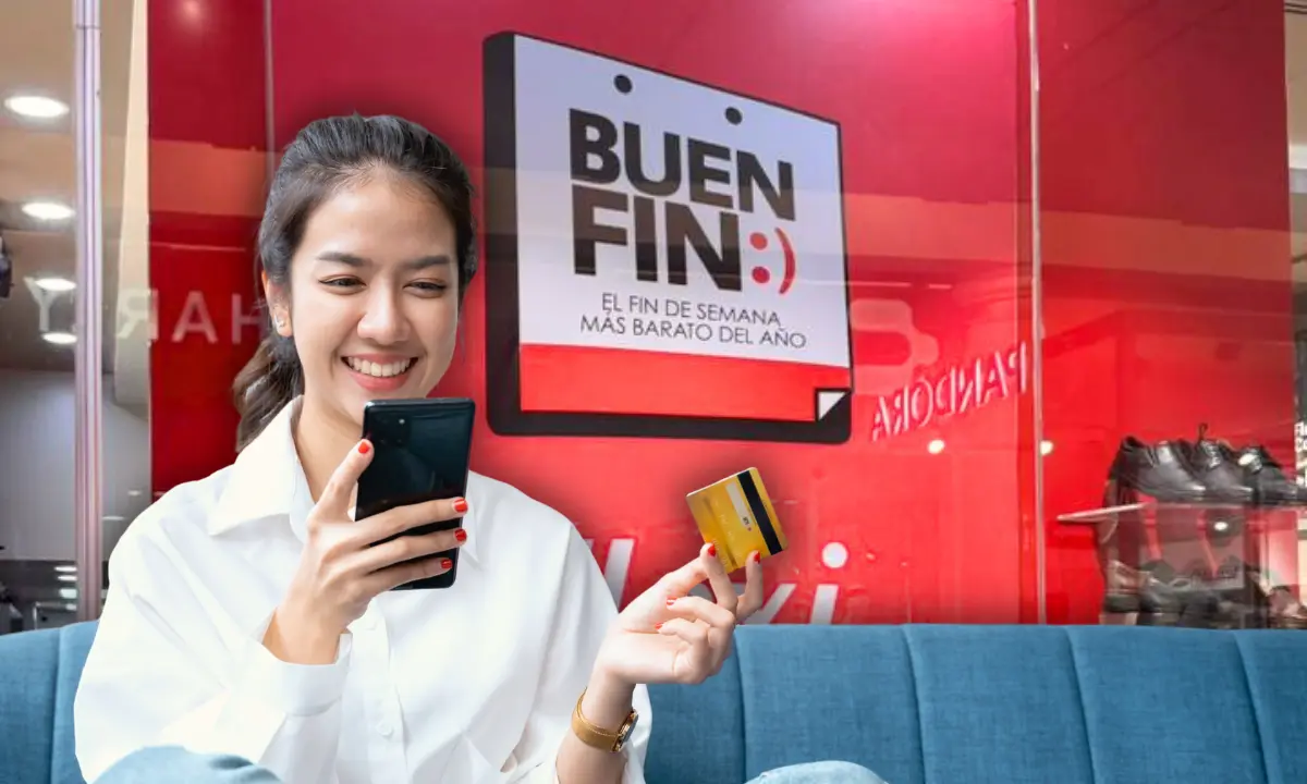 Mujer con un teléfono en una mano y una tarjeta en la otra, de fondo un promocional del Buen Fin 2025 Foto: Alejandra Vargas/Canva