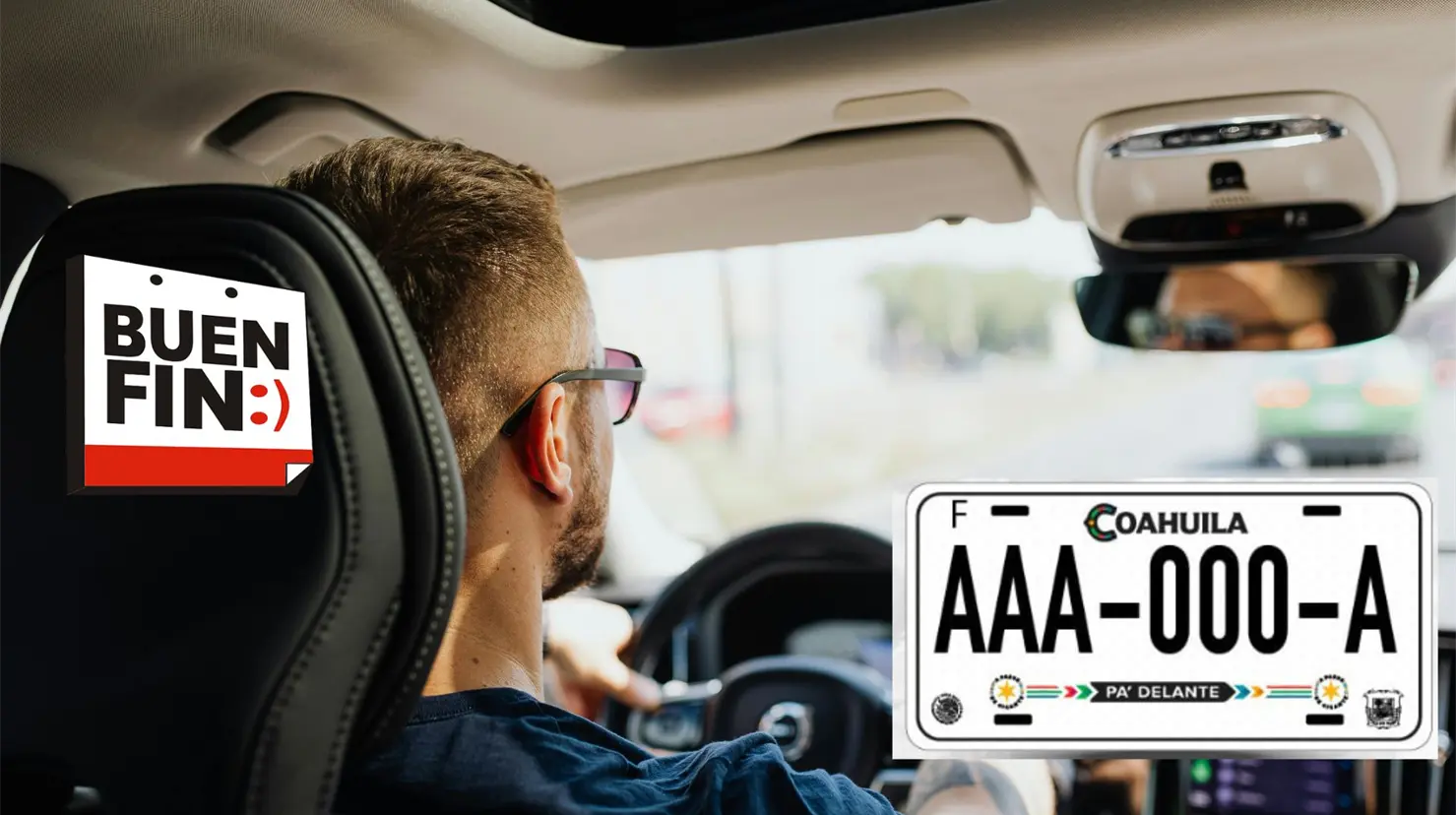 Hombre conduciendo un automóvi. Placas de Coahuila y logo del Buen Fin. (Fotografía: Canva | Gobierno de Coahuila)