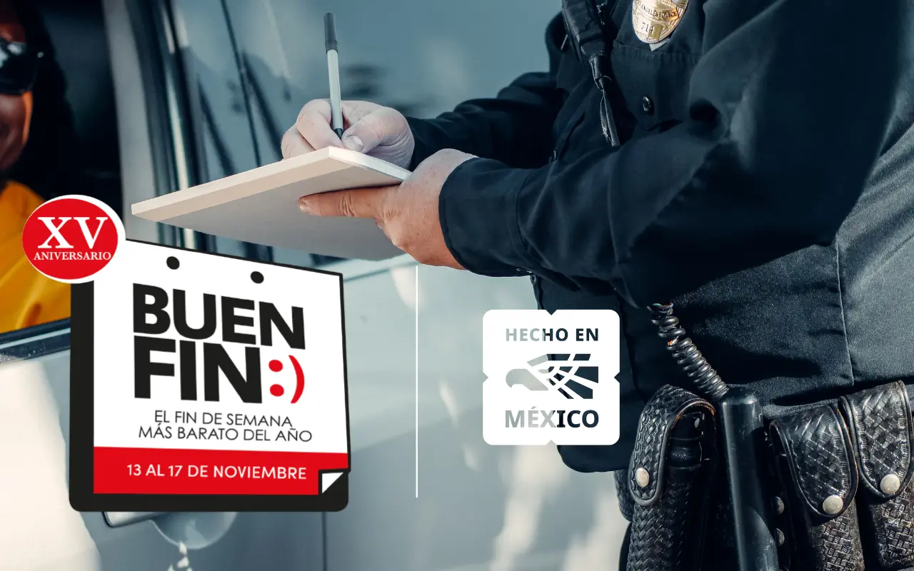 Policía poniendo una multa y logo de Buen Fin y Hecho en México. Foto: Canva / Buen Fin