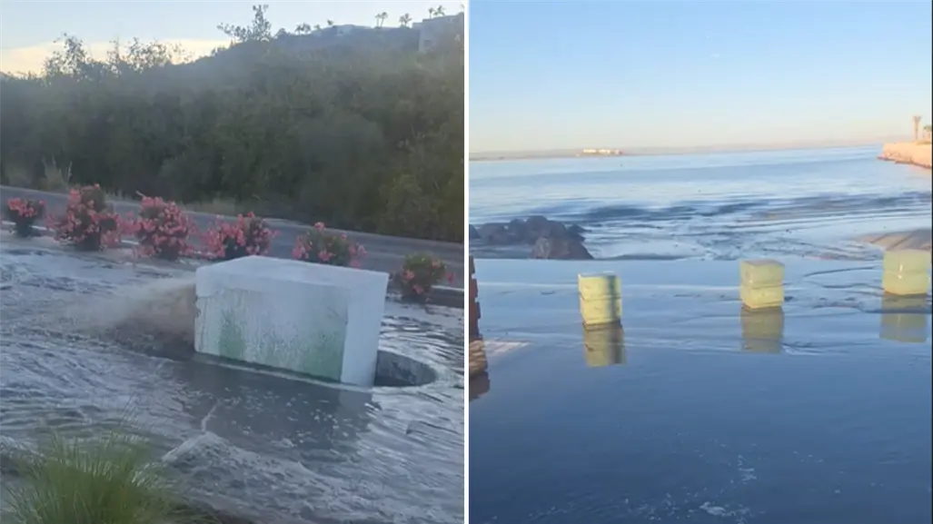 Fuga de aguas negras llega al mar frente al hotel Araiza en el malecón de La Paz