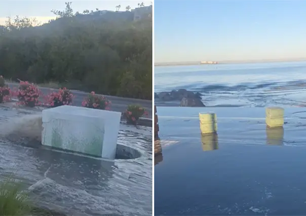 Fuga de aguas negras llega al mar frente al hotel Araiza en el malecón de La Paz