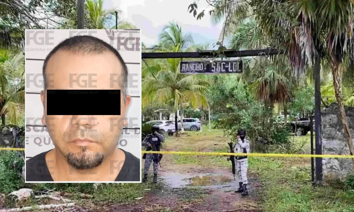 Imagen del detenido y al fondo la entrada del rancho Sac Lol custodiada por policías Foto: FGE Quintana Roo/Canva