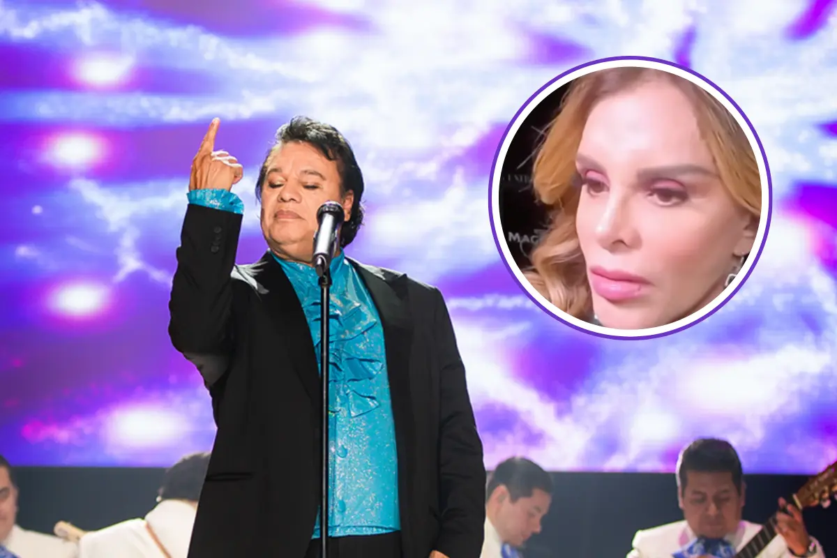 Juan Gabriel en concierto levantando la mano, con mariachis de fondo y un recuadro de Lucía Méndez (Foto: @soyjuangabriel_ / Tiktok @univision / Canva)