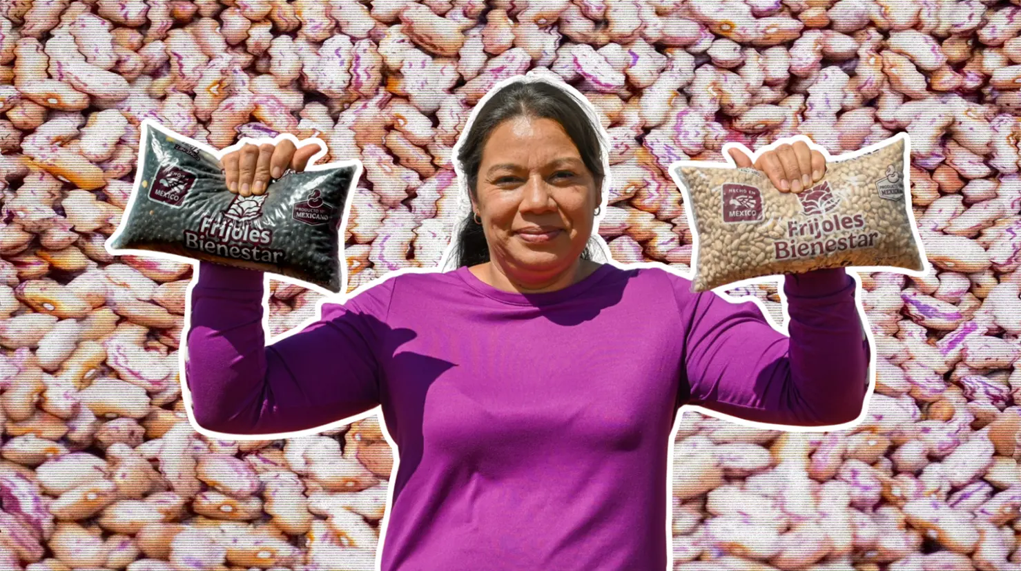 Mujer sosteniendo frijol del Bienestar. Foto: Canva | Alimentos del Bienestar - X.