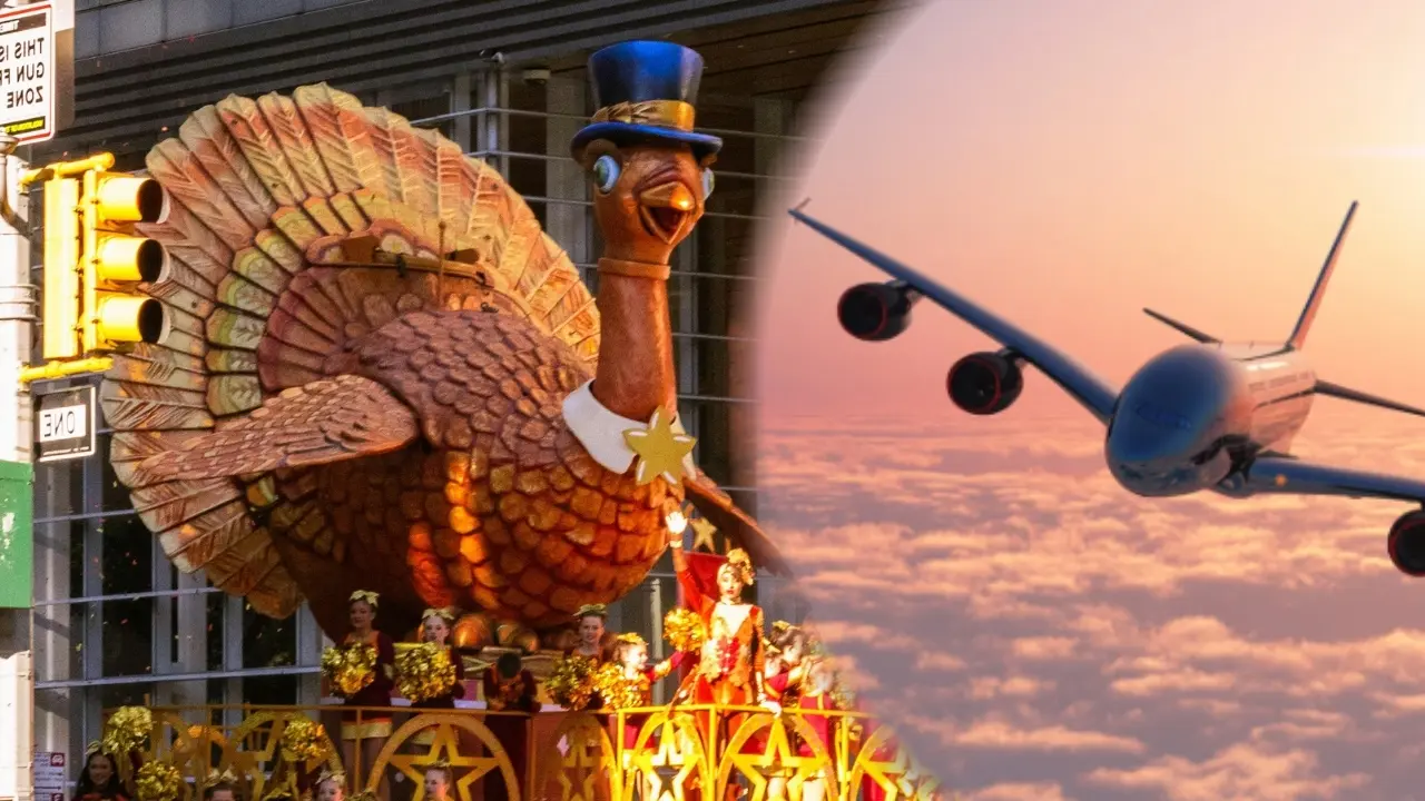 Un avión y un pavo en un desfile en Estados Unidos. Foto: Canva