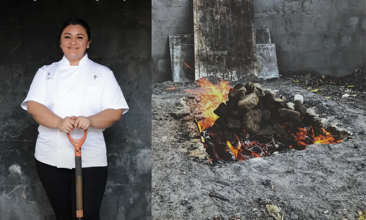 Chef Silvia Campos y al lado un horno bajo tierra Foto: Pueblo Pibil