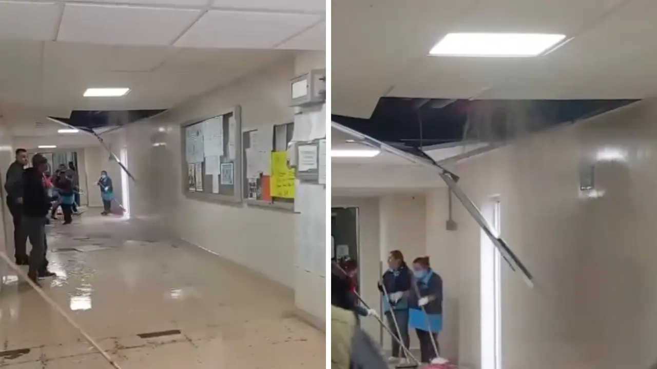 Video muestra cómo un hospital de IMSS Bienestar en Ensenada se inunda por agua filtrada desde el techo. Foto: Lánzate / Facebook.