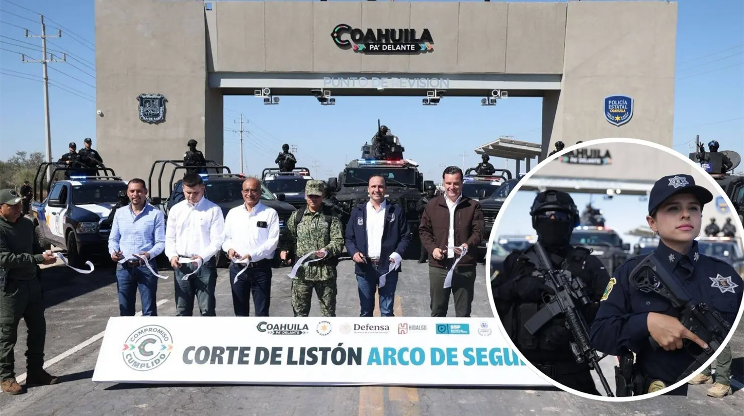 El gobernador Manolo Jiménez encabezó la inauguración del arco de seguridad en Hidalgo. Agentes de la Policía. (Fotografías: Gobierno de Coahuila)
