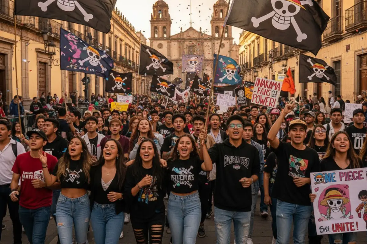Integrantes de la Generación Z marchando en Edomex portando banderas de One Piece en señal de protesta. | Foto: Gemini IA | Canva