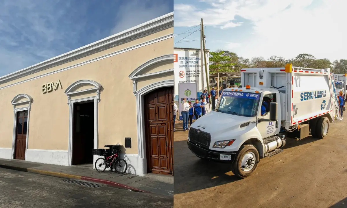 Sucursal de banco en Mérida y una unidad de recolección de basura Foto: Carlos Covarrubias/Mérida Moderna