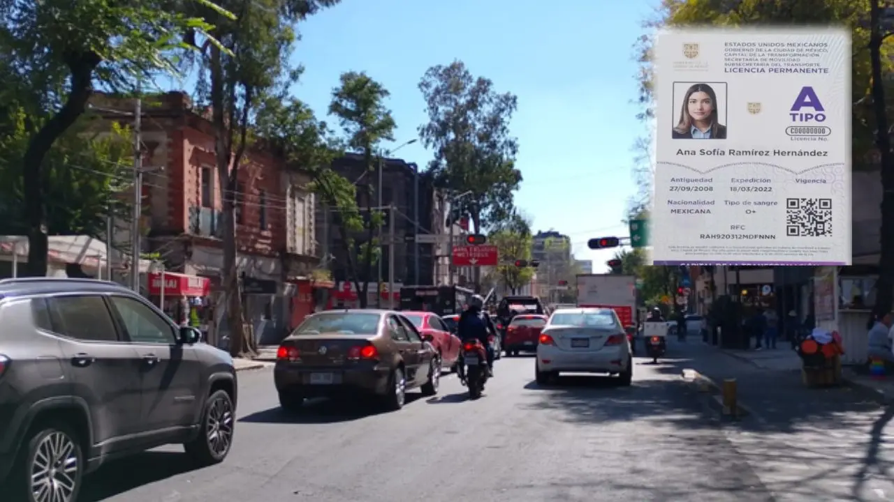 Automóviles en circulando en calles de CDMX, licencia de conducir Foto: X (@OVIALCDMX) | Gobierno de CDMX | Canva