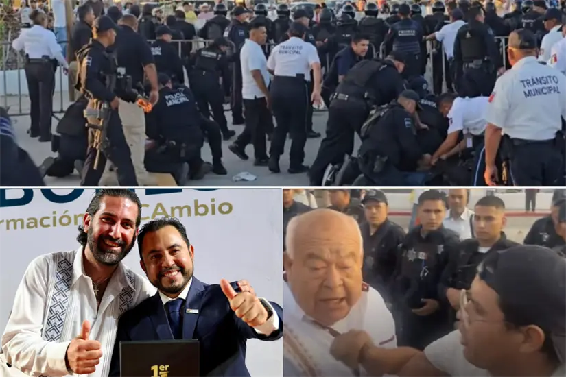 imagen recuadro Una manifestación se salió de control momentos antes del Primer Informe de Gobierno del Alcalde de Los Cabos. Foto: Facebook Christian Agúndez/ capturas redes sociales