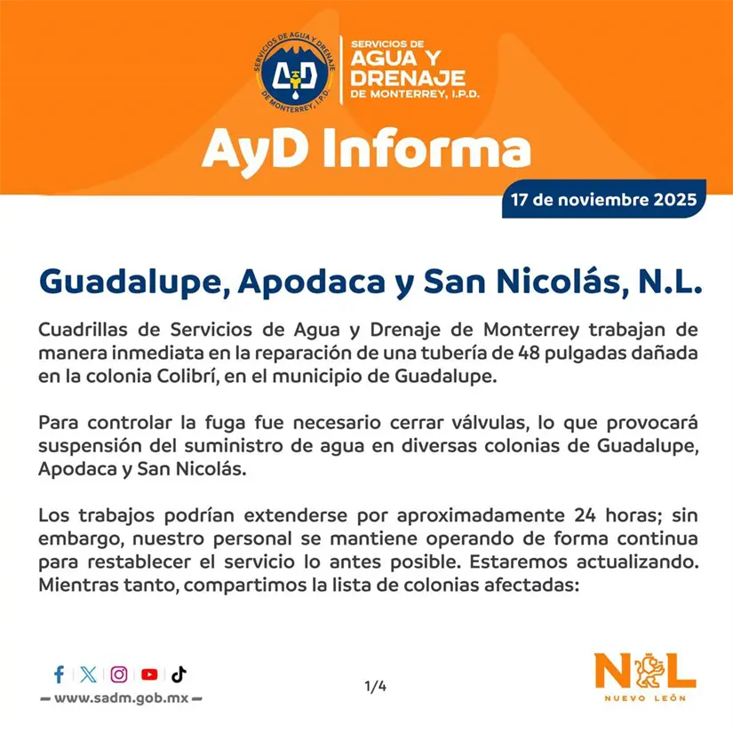 imagen recuadro De acuerdo con Agua y Drenaje de Monterrey, las labores de reparación podrían extenderse por aproximadamente 24 horas, aunque el tiempo podría variar según el avance de las maniobras y las condiciones de la tubería dañada. Foto: Agua y Drenaje de Monterrey.