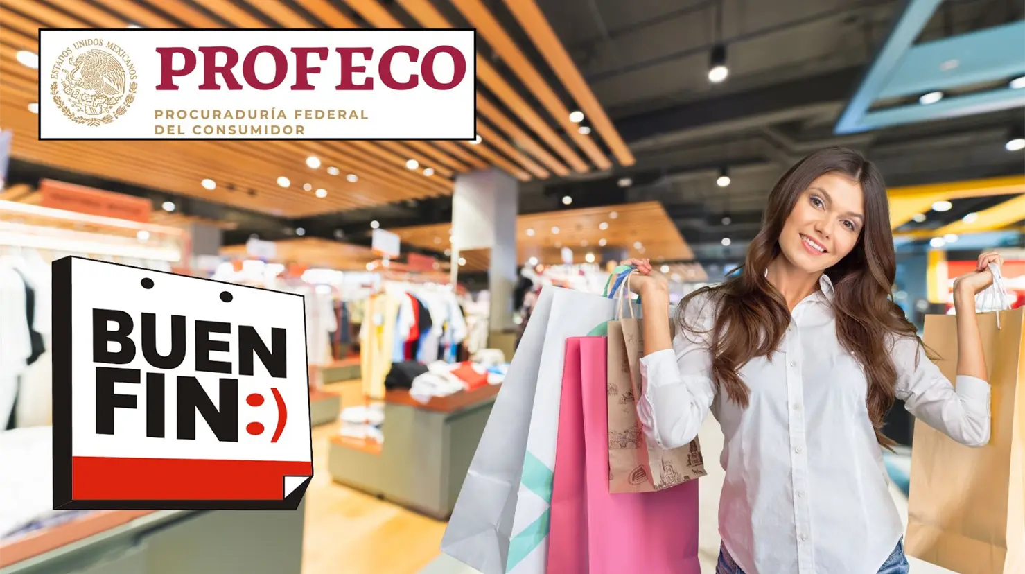 Chica comprando en un centro comercial. Logos del Buen Fin y Profeco. (Fotografías: Canva)