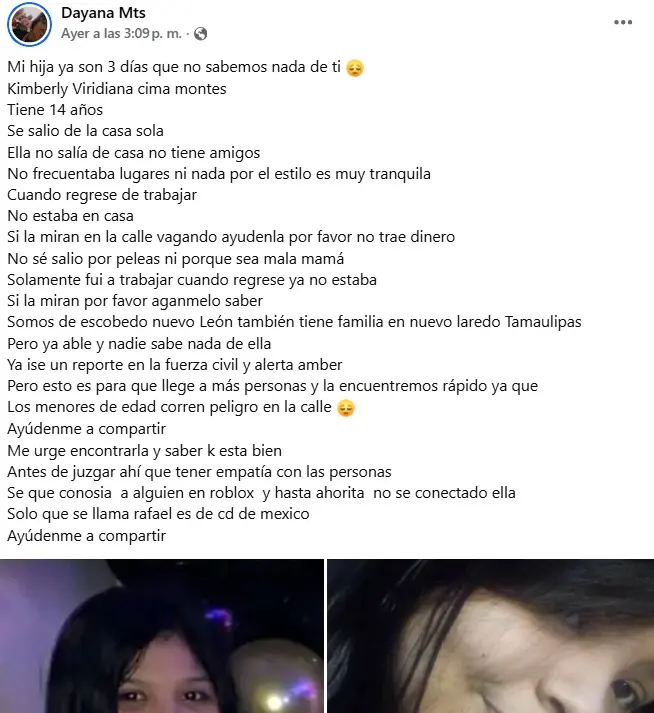imagen recuadro Mensaje en redes sociales de la joven desaparecida. Foto: Facebook madre de menor