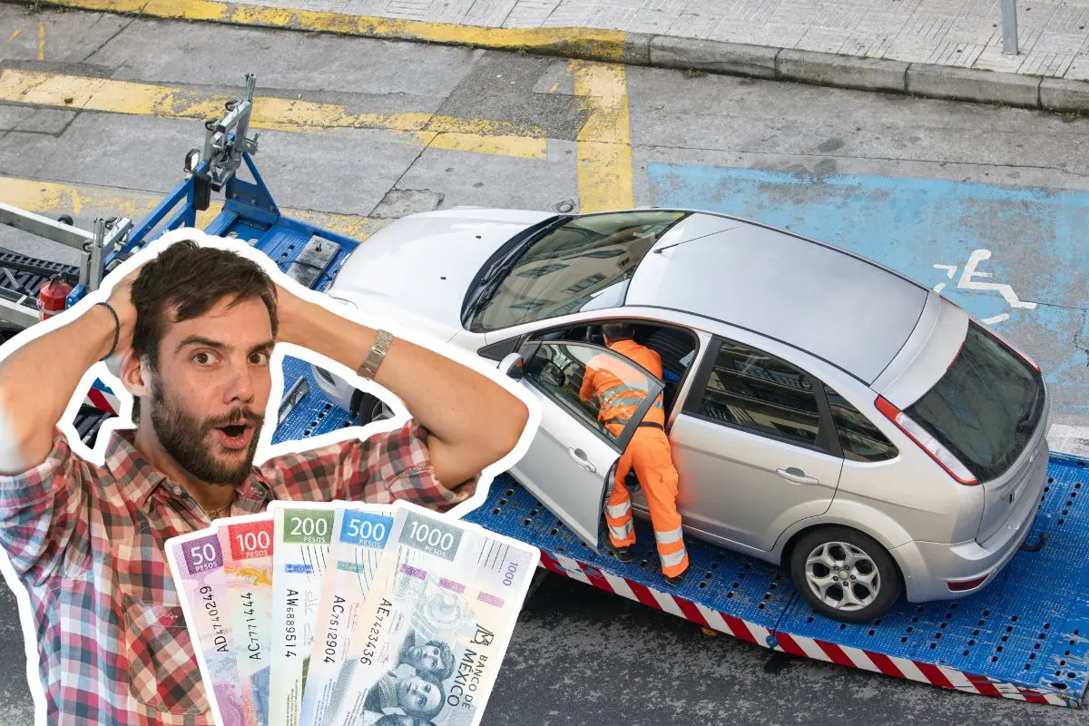 Grúa encadenando un vehículo representando los cobros excesivos en Coahuila / Foto: Composición de Canva