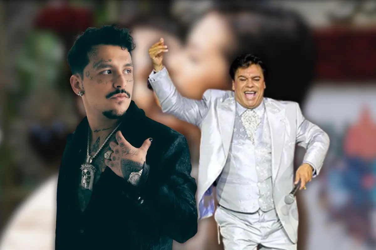 Christian Nodal aparece de perfil, junto a él Juan Gabriel bailando, y al fondo se ve una foto de Ángela Aguilar y Christian Nodal el día de su boda (Foto: IG @nodal, @soyjuangabriel_ / Canva)