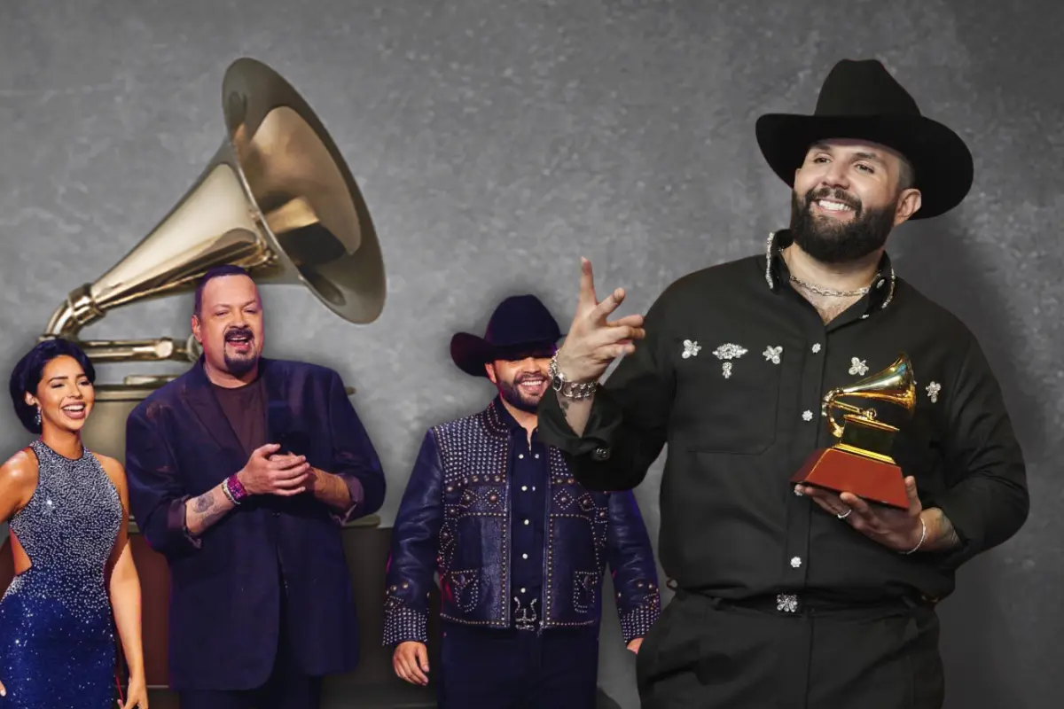 Carín León posando con su Grammy Latino, a un costado de la Dinastía Aguilar, con un Grammy de la familia Aguilar de fondo (Foto: IG @latingrammys, @langela_aguilar_ / Canva)
