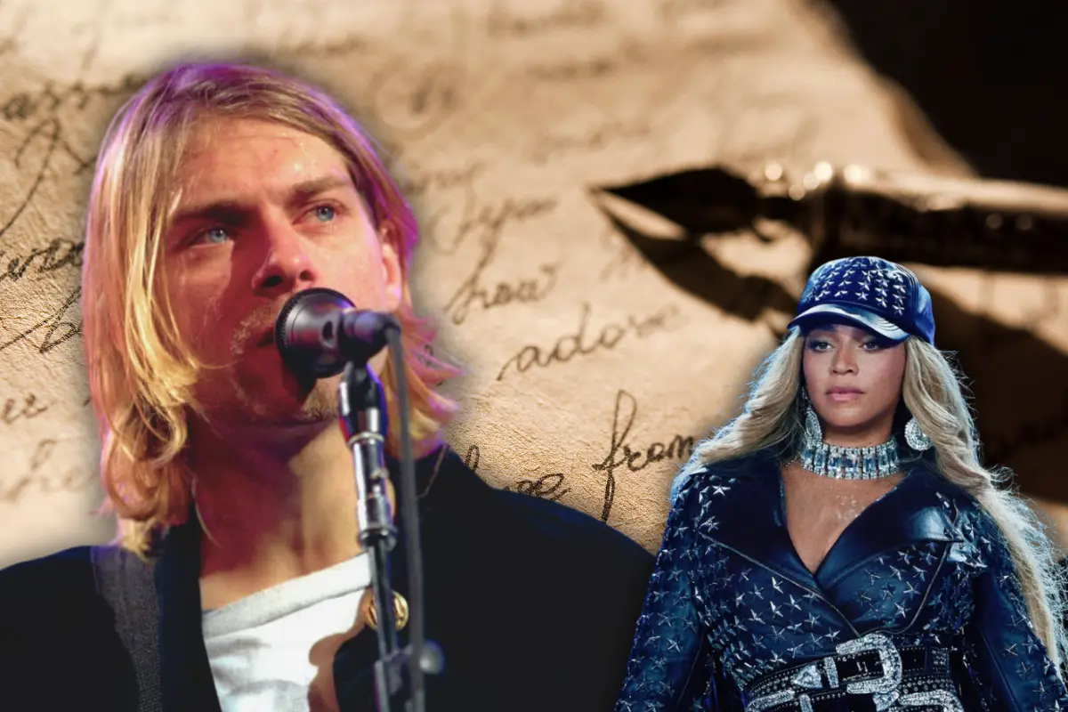 Kurt Cobain frente a un micrófono y Beyoncé mirando al escenario; al fondo, un manuscrito con una pluma antigua (Foto: IG @beyonce, @nirvanaenvivo / Canva)