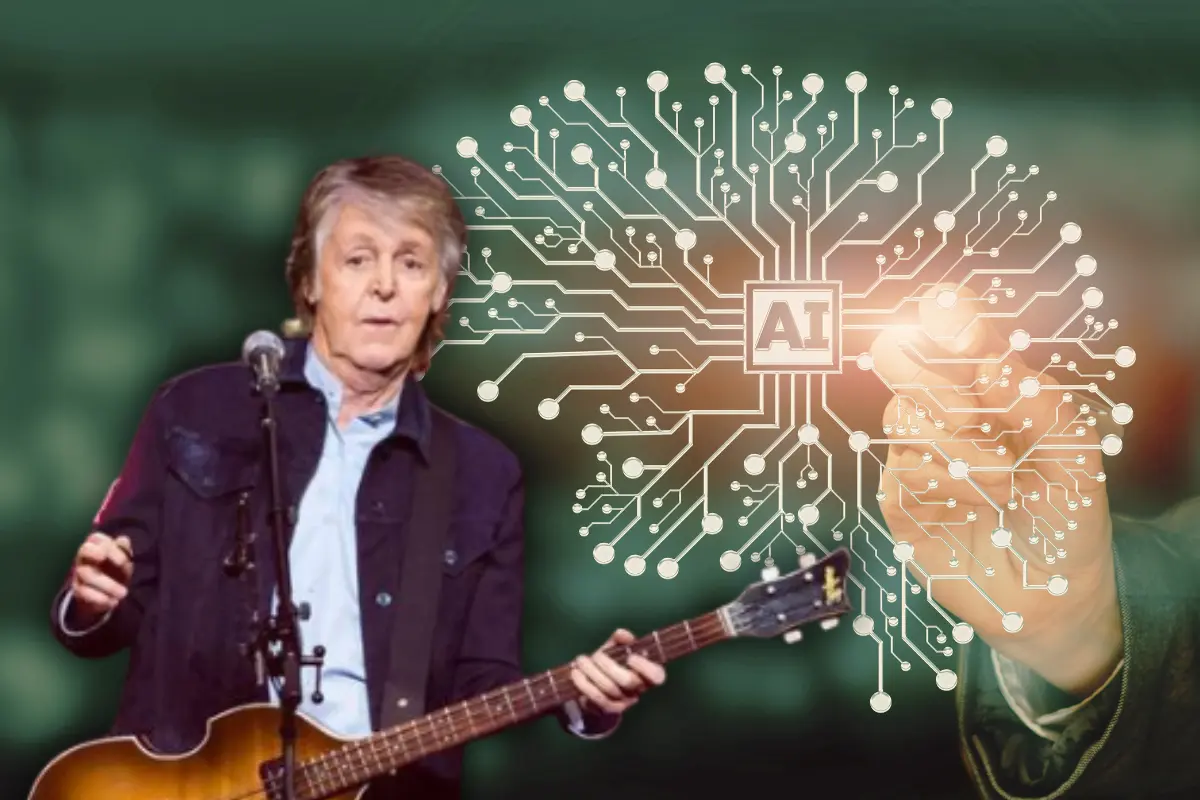 Paul McCartney dando un concierto, tomando su guitarra y frente a un micrófono; al fondo, un cerebro formado por circuitos que refleja la presencia de la inteligencia artificial (Foto: IG @paulmcCartney / Canva)