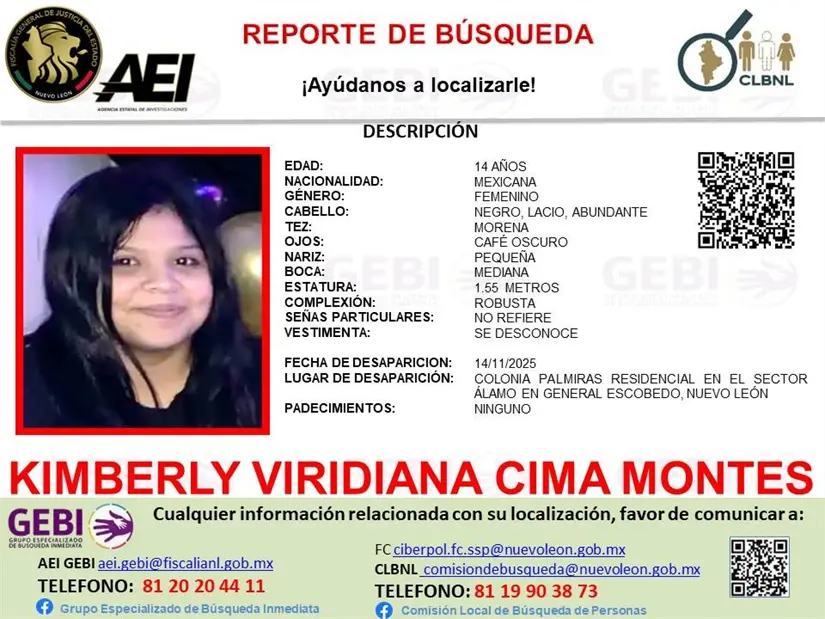 imagen recuadro Ficha de desaparición de la joven. Foto: Grupo Especializado de Búsqueda Inmediata