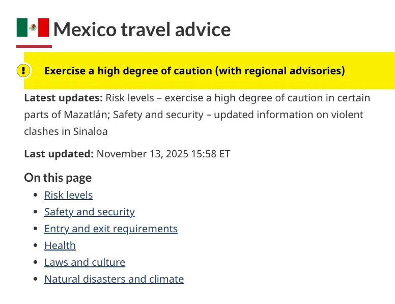 Sitio de alerta a turistas. Captura de pantalla: Travel Canada