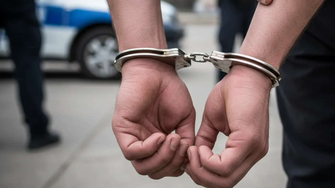 Manos de hombre detenido, de fondo vehículo policial y oficiales. | Foto: Gemini IA