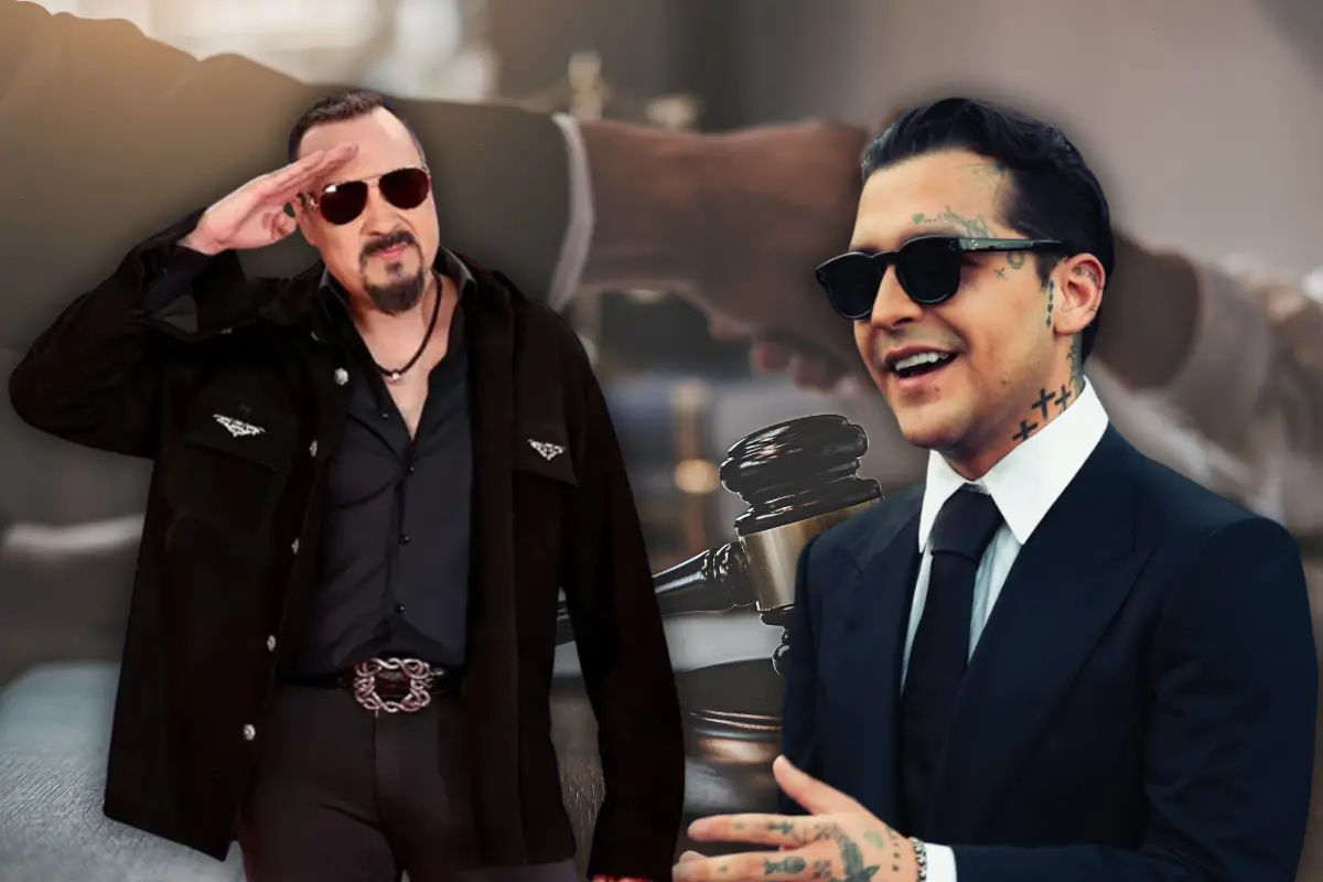 Pepe Aguilar de fondo, con la mano levantada a modo de saludo, junto a Christian Nodal y con un juzgado al fondo (Foto: IG @nodal, @pepeaguilar_oficial / Canva)