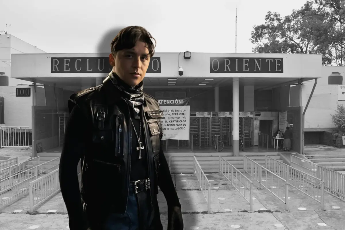 Christian Nodal vestido de negro, incrustado sobre una imagen del Reclusorio Oriente en la CDMX (Foto: IG @nodal / web, consejeria.cdmx.gob.mx / Canva)