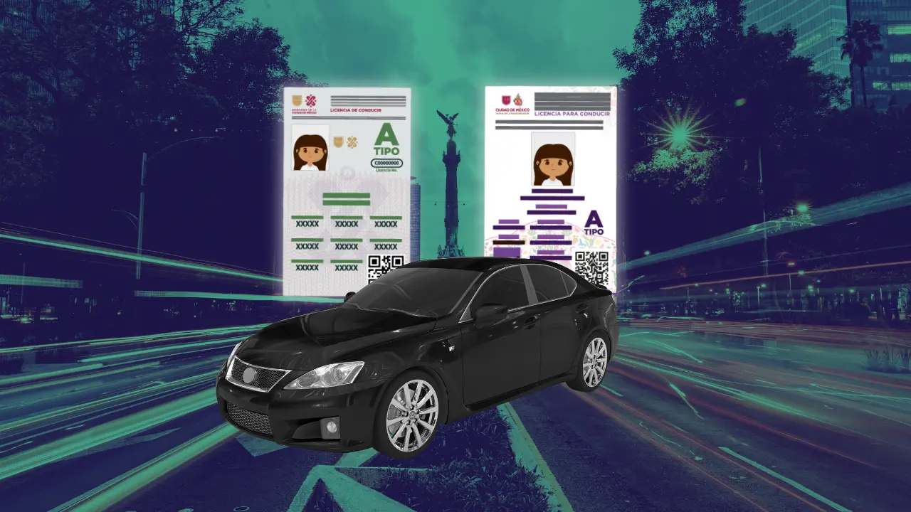 De fondo la CDMX, ilustración de la licencia permanente y automóvil. Foto: Canva | Gobierno CDMX
