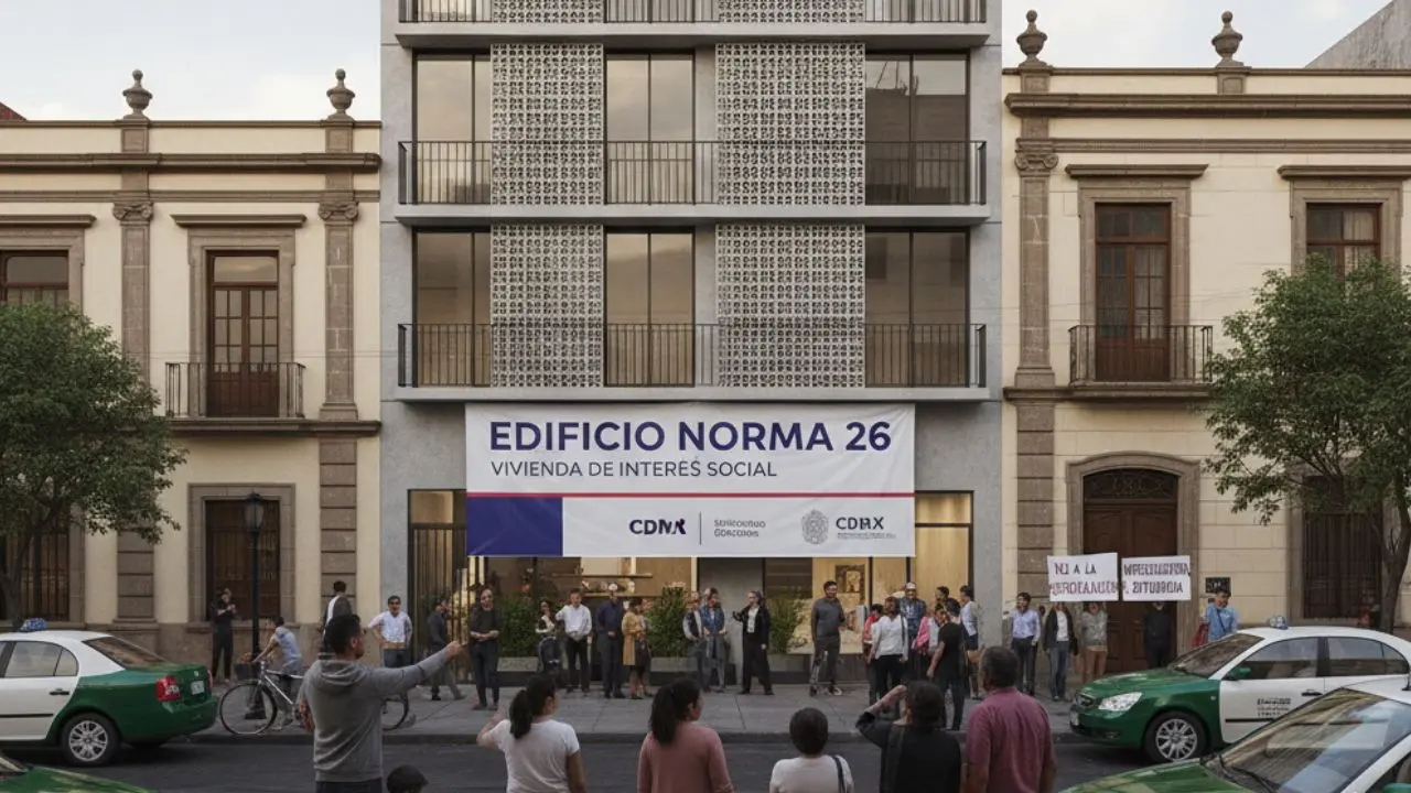 Edificio construido con la Norma 26 para combatir la gentrificación en CDMX. Foto: creada con IA