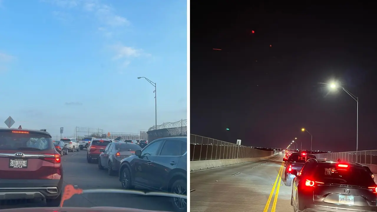 Vehículos de regreso a Monterrey en el Puente Anzaldúas. Foto: Grupo de Facebook