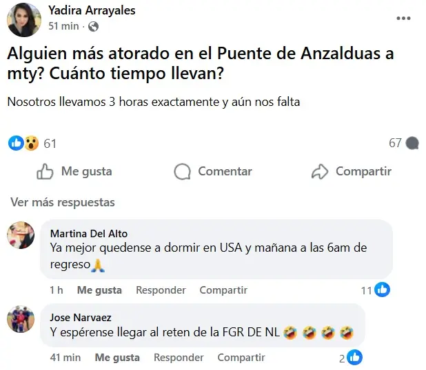 imagen recuadro Comentario sobre tráfico en Puente Anzaldúas. Foto: Grupo Facebook