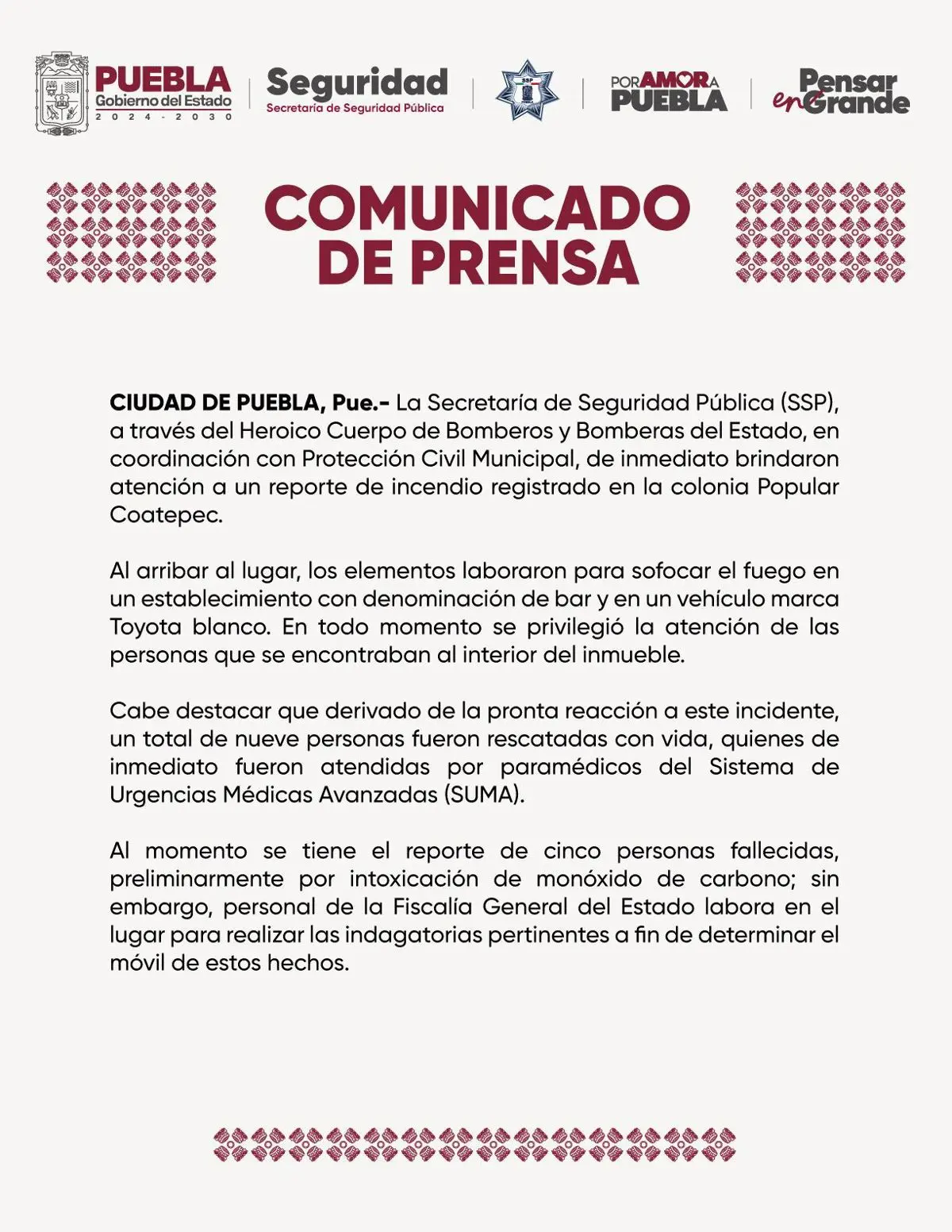 imagen recuadro Comunicado de la Secretaría de Seguridad de Puebla. Captura de pantalla