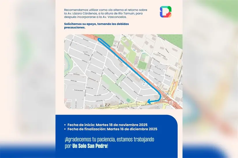 imagen recuadro Ruta alterna por cierre vial en Avenida Gómez Morín. Foto: San Pedro Garza García