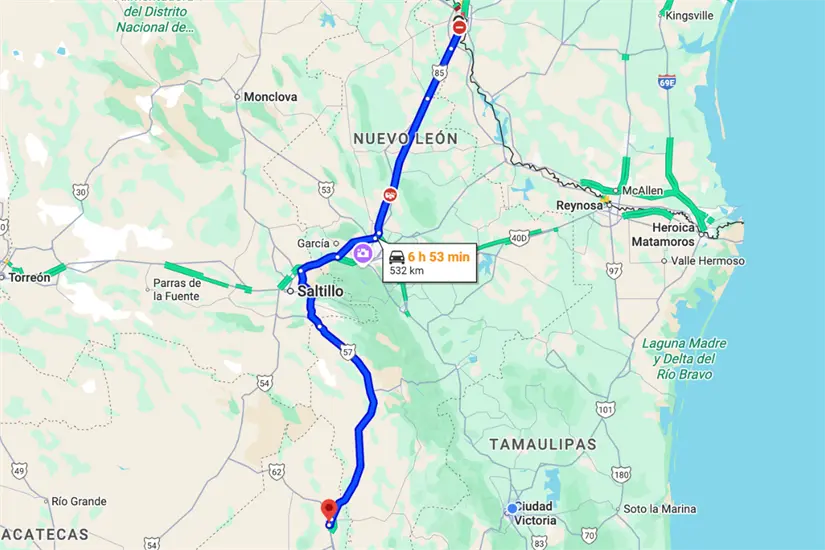 Recorrido actual desde Matehuala a Nuevo Laredo. Foto: Google Maps
