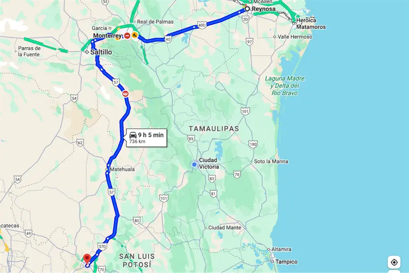 Trayecto actual desde Reynosa a San Luis Potosí, pasando por Monterrey y Saltillo. Foto: Google Maps