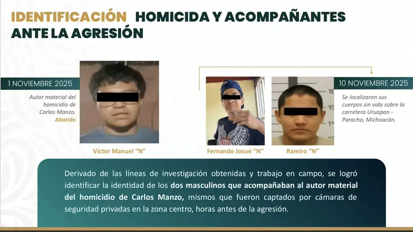 Fernando Josué “N” y Ramiro “N”, acompañantes de Víctor Manuel “N”, autor material del asesinato. Captura de pantalla: YouTube (Secretaría de Seguridad y Protección Ciudadana)