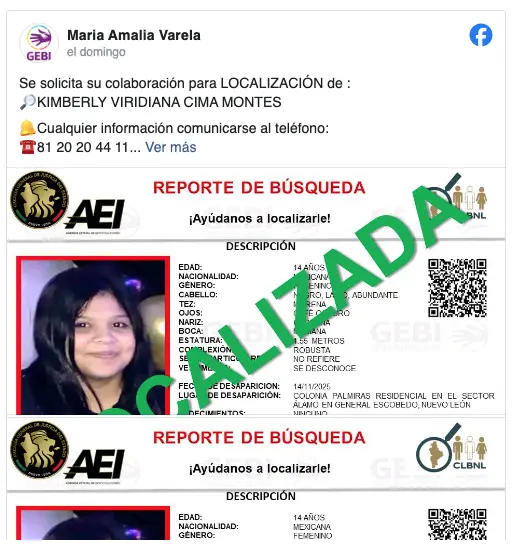 imagen recuadro Cartel de localización de la menor. Foto: GEBI.