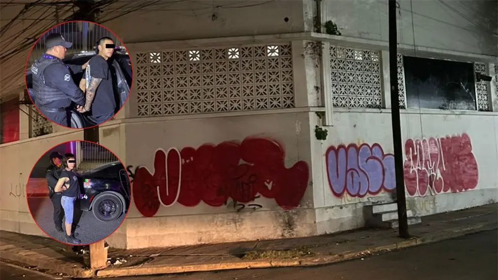 Detienen a pareja por grafitear barda en el centro de Monterrey