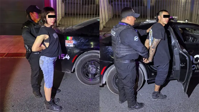  La pareja fue asegurada mientras grafiteaba una barda ajena en pleno centro de Monterrey Foto: Policía de Monterrey