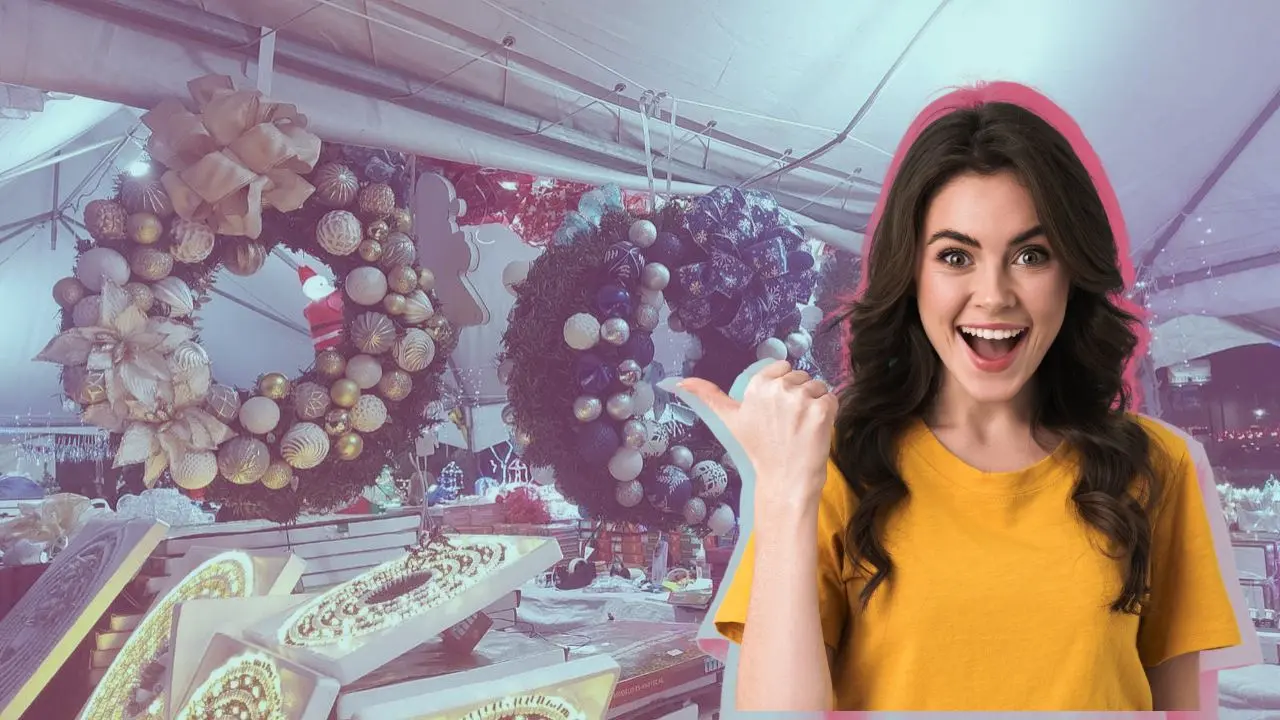 Mujer apuntando y detrás una Feria del Pino Foto: Canva/ POSTA