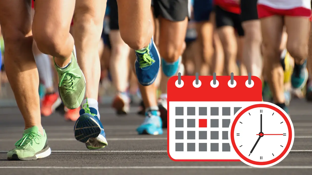 Personas corriendo en carrera. Dibujo de calendario y reloj por Carrera Mexi | Canva Pro