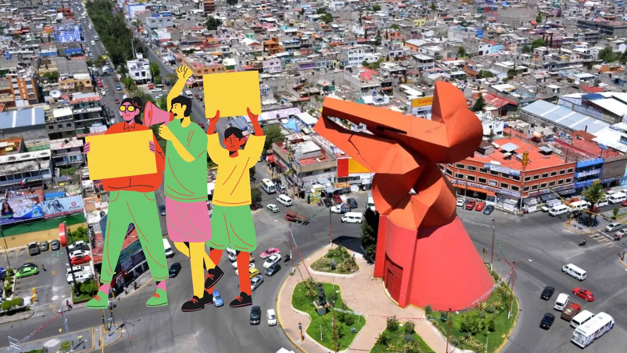 El Coyote Nezahualcóyotl. Dibujo de personas manifestando| Foto: Central Municipal | Canva Pro