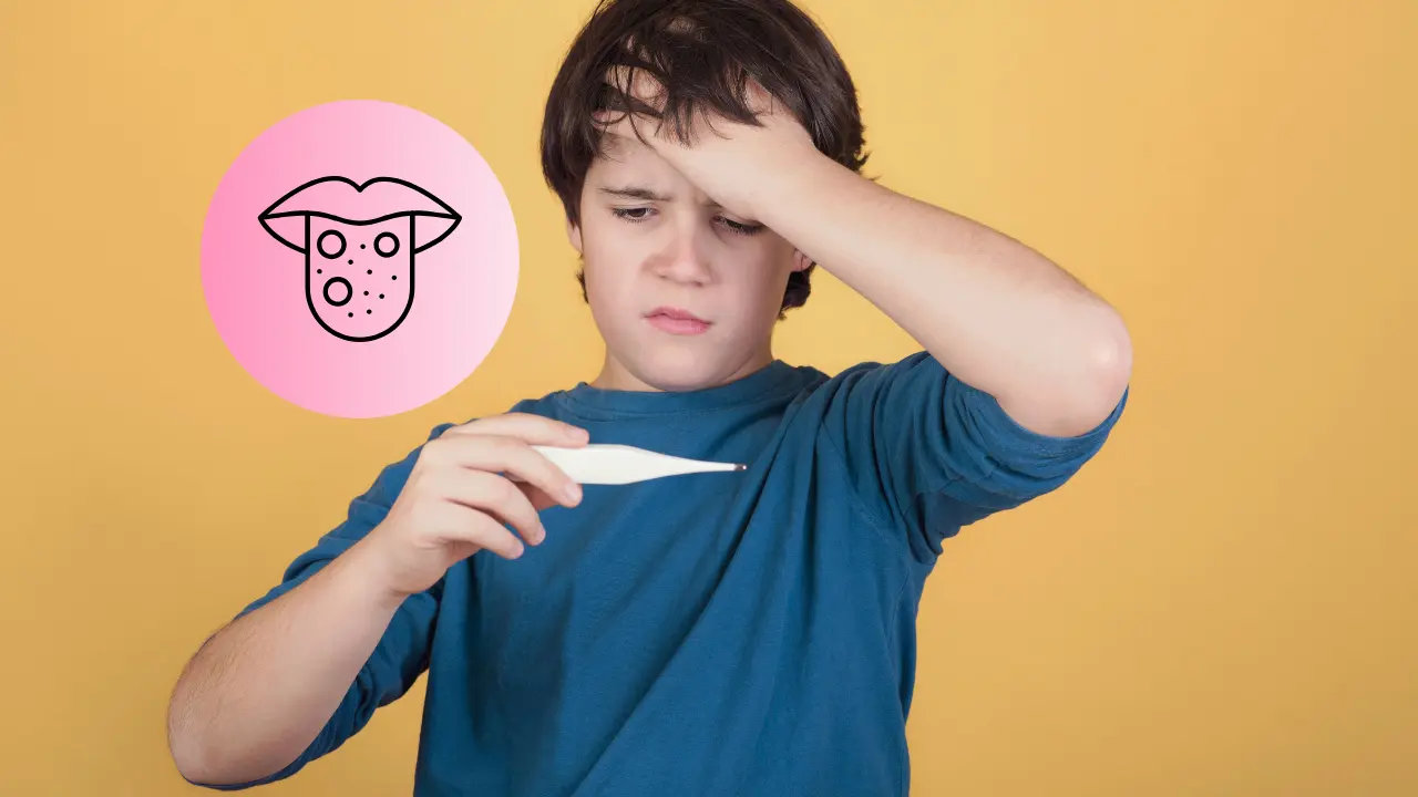 Niño enfermo, tomando su temperatura. Dibujo de referencia a la lengua de un paciente con escarlatina | Canva Pro