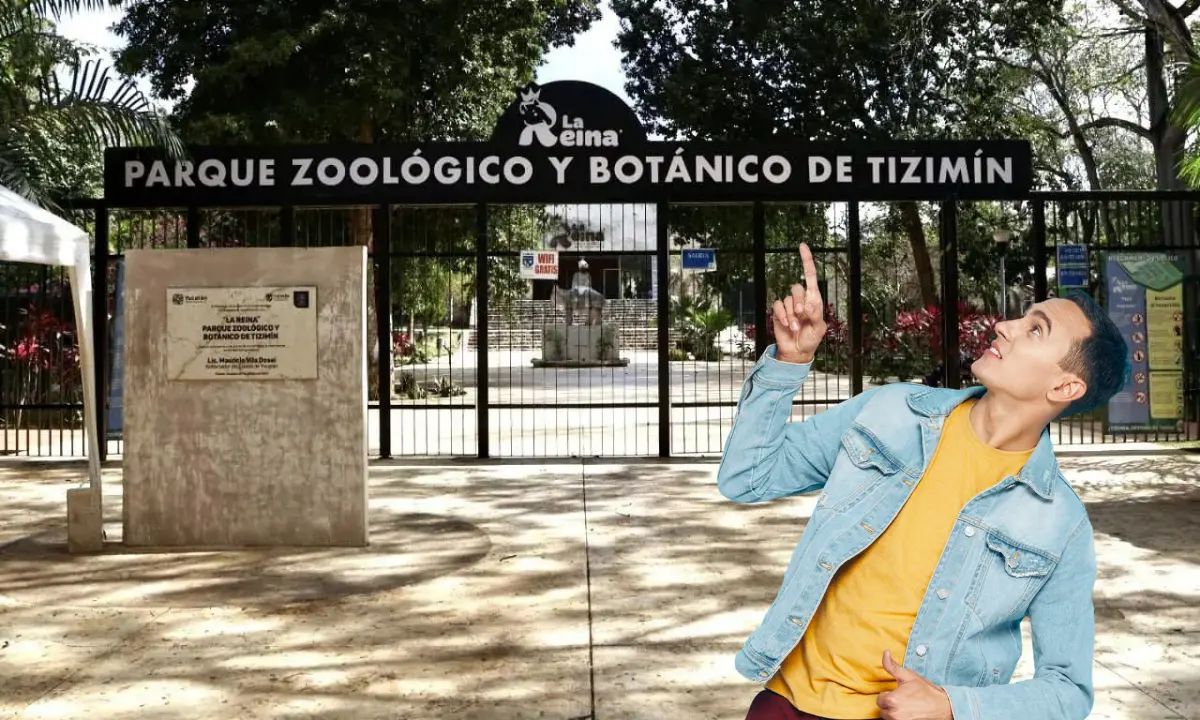 Hombre señalando la entrada del zoológico La Reina en Tizimín Foto: Alejandra Vargas/Canva