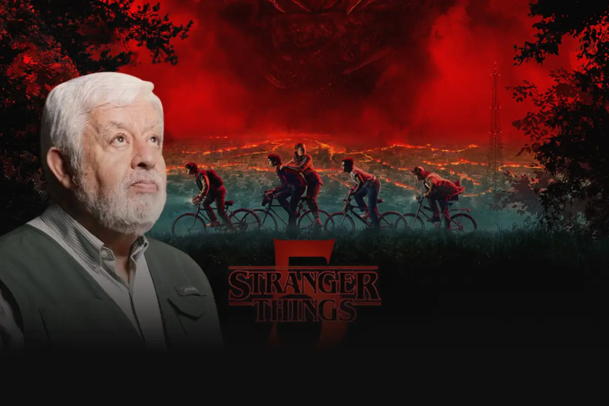 Póster de Stranger Things temporada cinco y Jaime Maussan mirando hacia arriba (Foto: IG @strangerthingstv, @jaimemaussanoficial / Canva)
